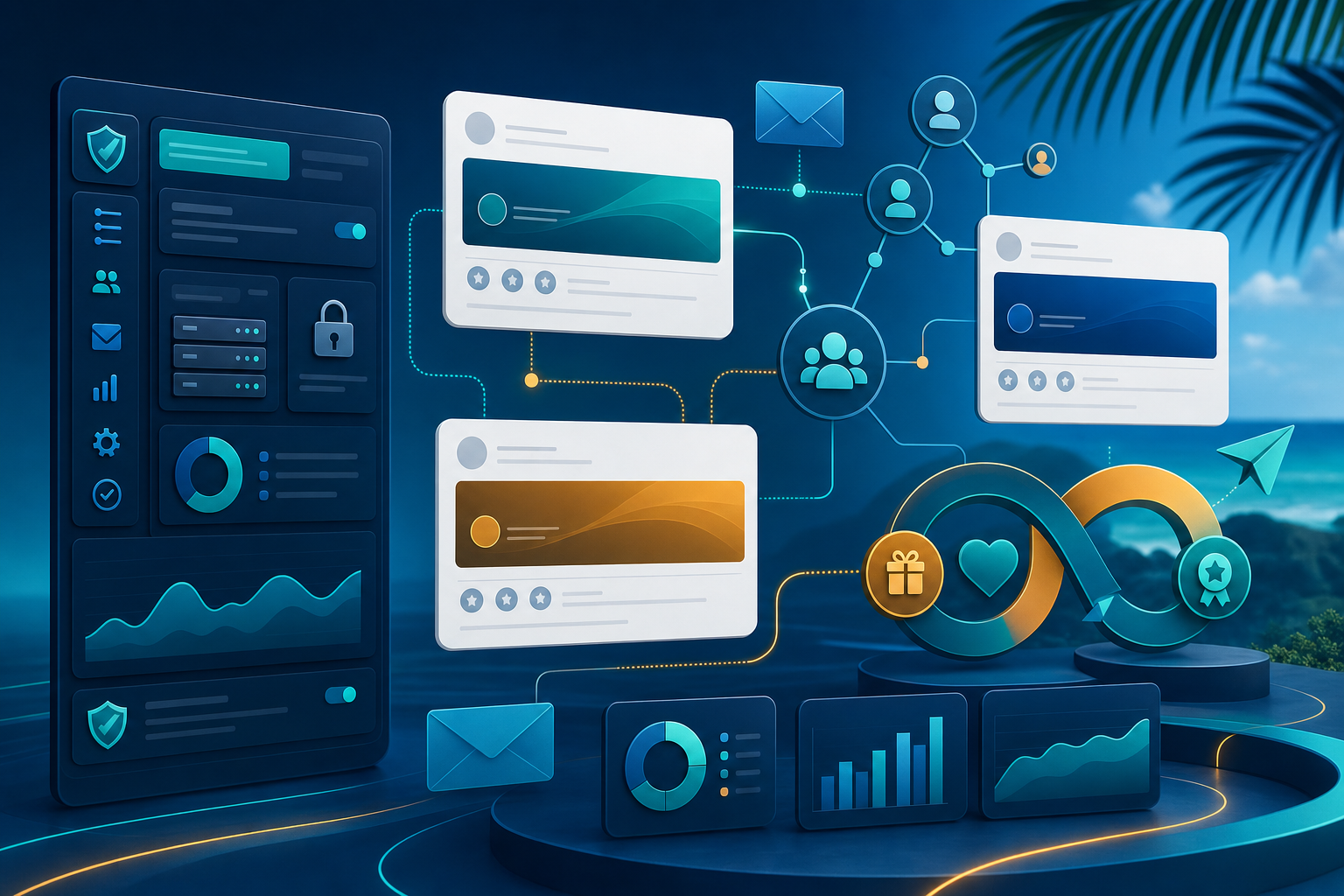 Abstract managed email signature retention dashboard with campaign and customer relationship signals
