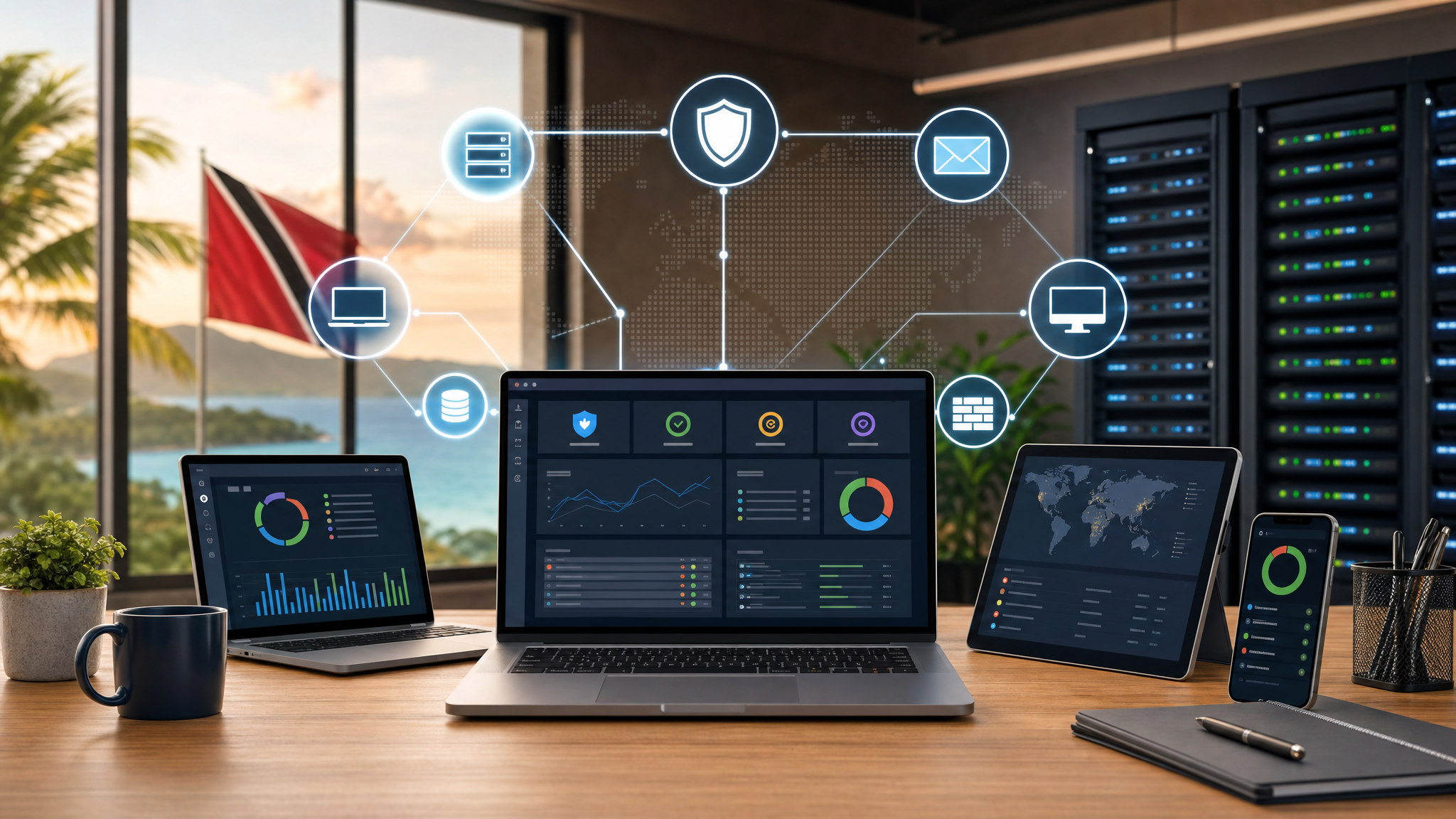Managed IT operations dashboard showing endpoint firewall email and server monitoring