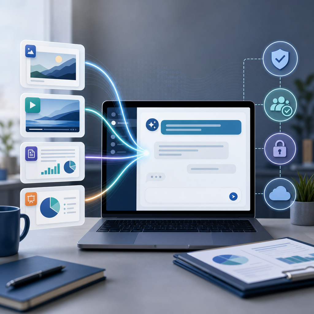 AI-assisted creative workflow with campaign asset cards, cloud backup, and access controls for a small business team