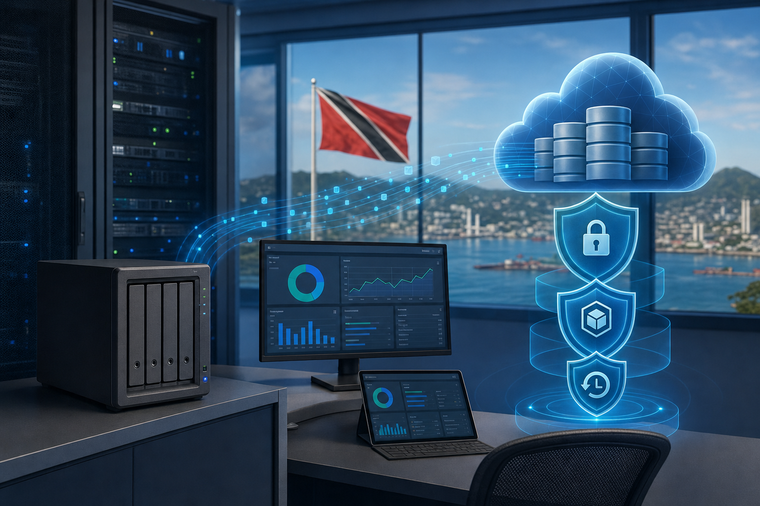 Business backup appliance sending encrypted protected copies to resilient cloud storage
