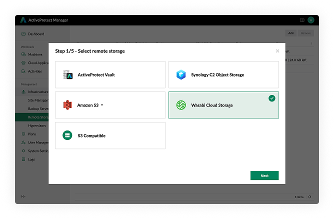 Synology ActiveProtect remote storage selection for cloud backup copies
