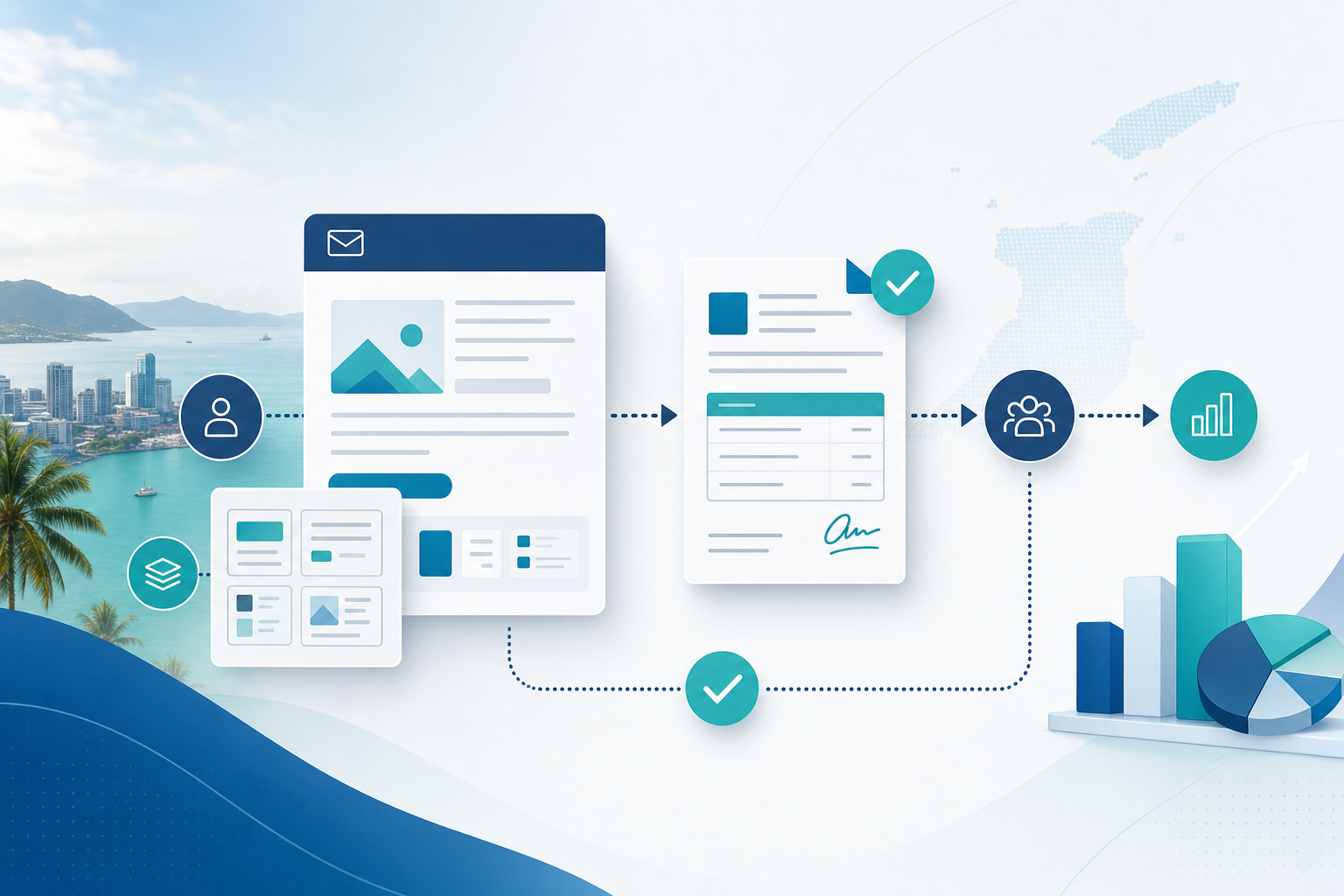 Abstract proposal email template workflow with sales quote cards and approval controls