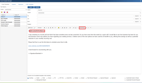 QuoteWerks email template manager interface showing reusable proposal email controls