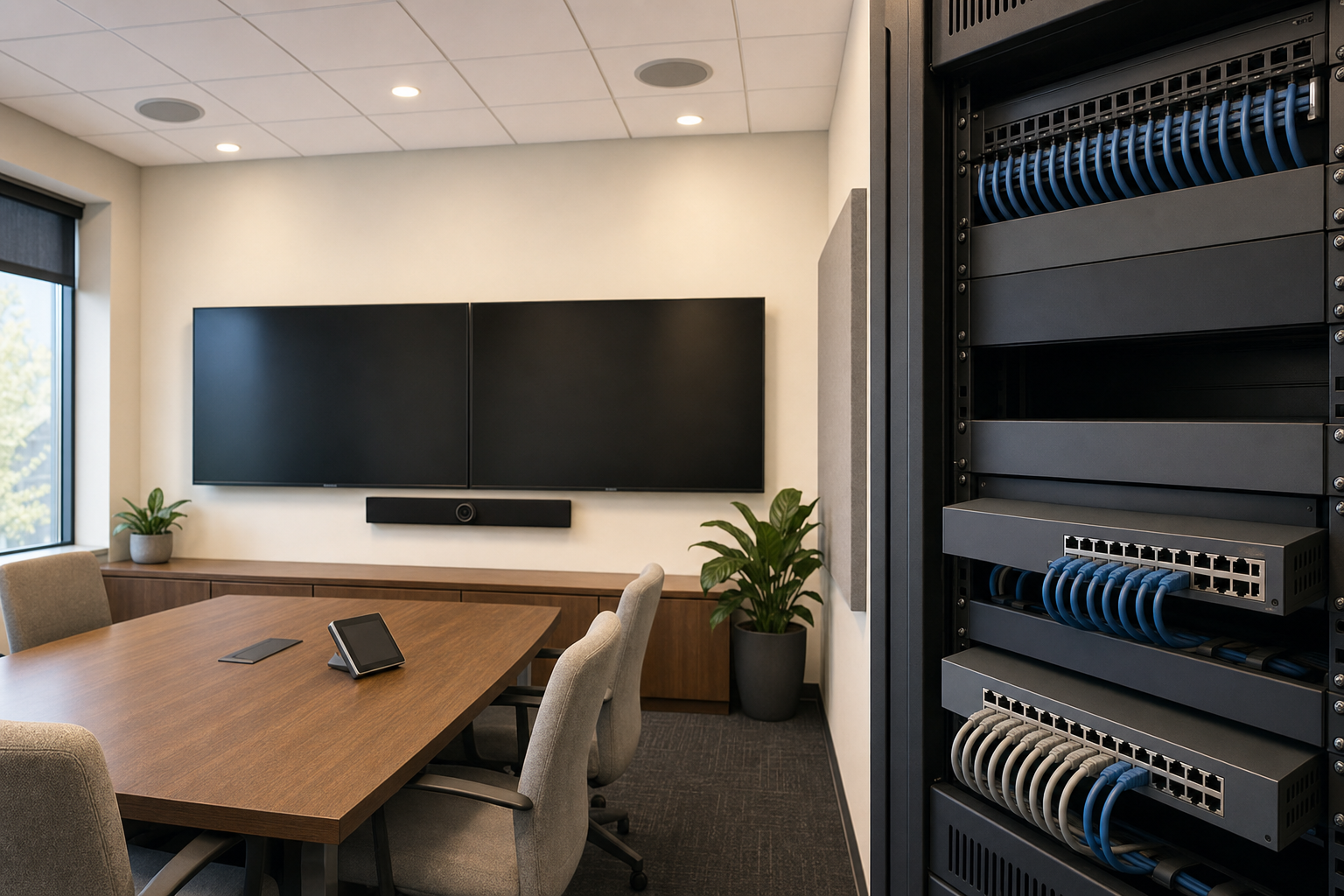 Modern meeting room with unbranded network equipment supporting managed audio-video systems