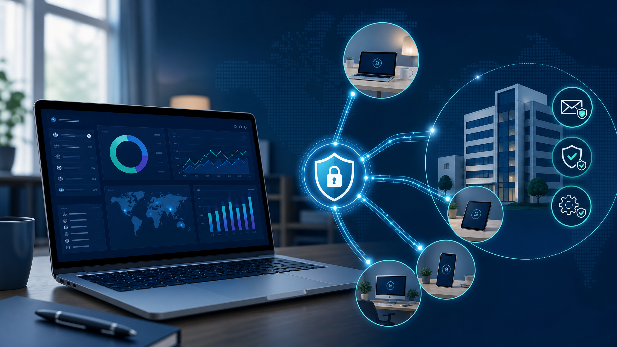 Secure remote work dashboard showing protected home office connections and managed IT controls