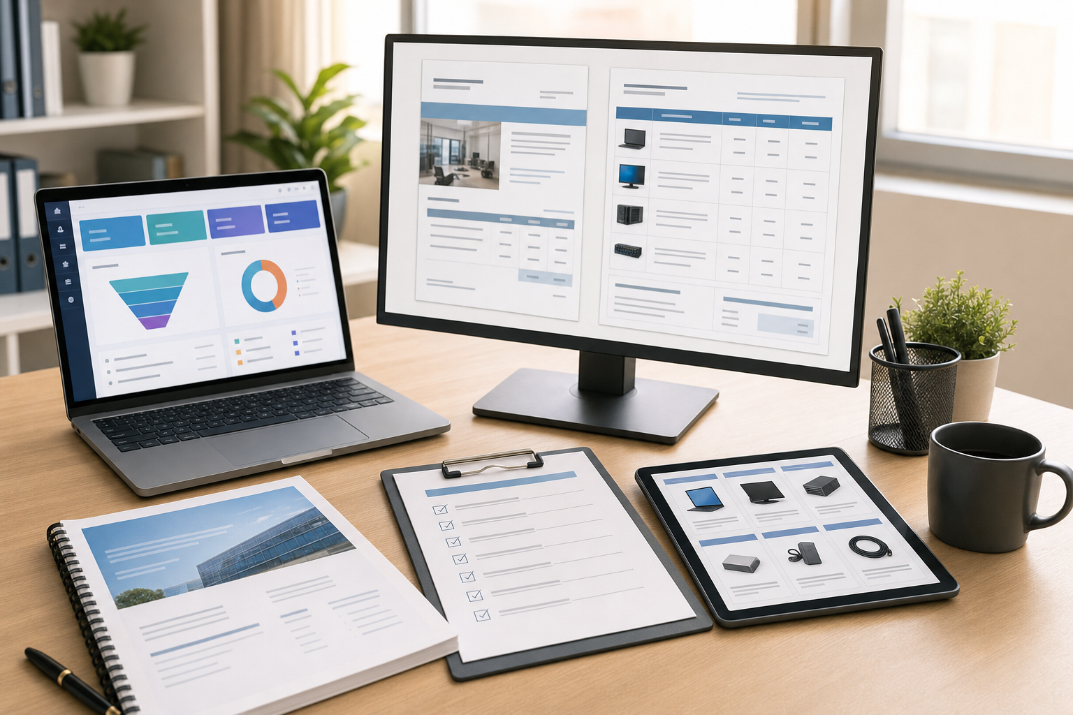 A clean business sales workspace with a laptop, charts, and proposal documents