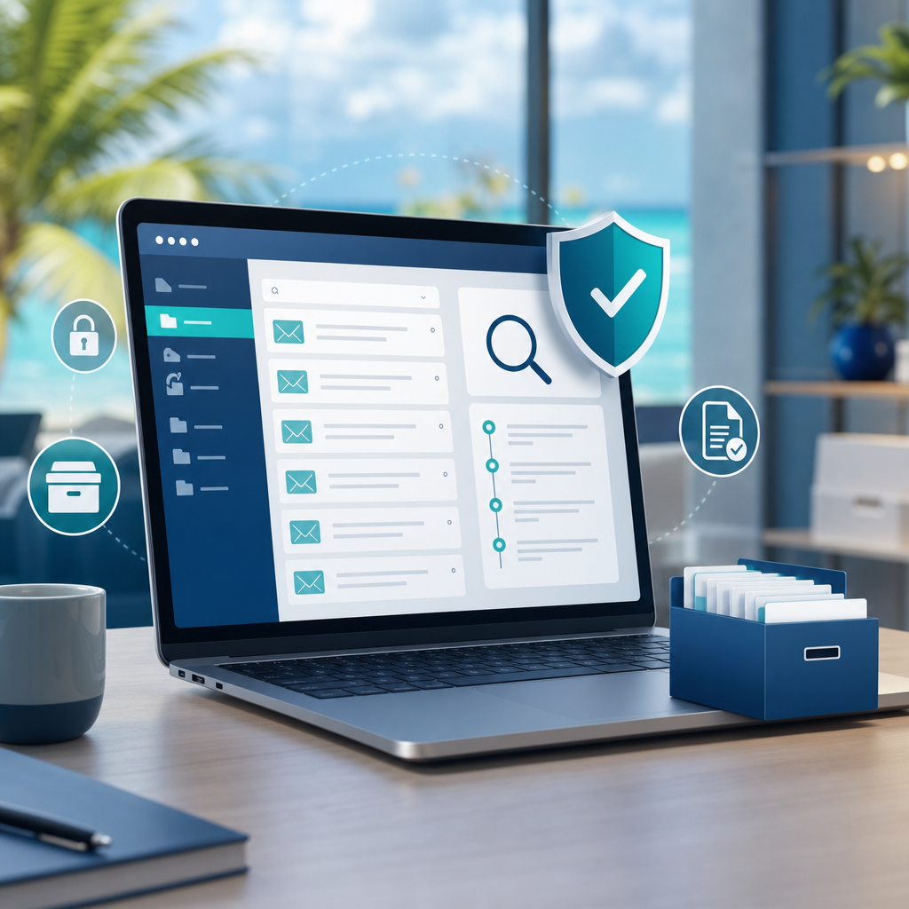 Secure email archiving dashboard with search and compliance indicators