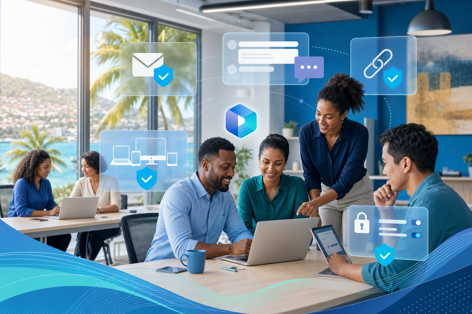 Small business team reviewing Microsoft 365 security, device management, and productivity controls