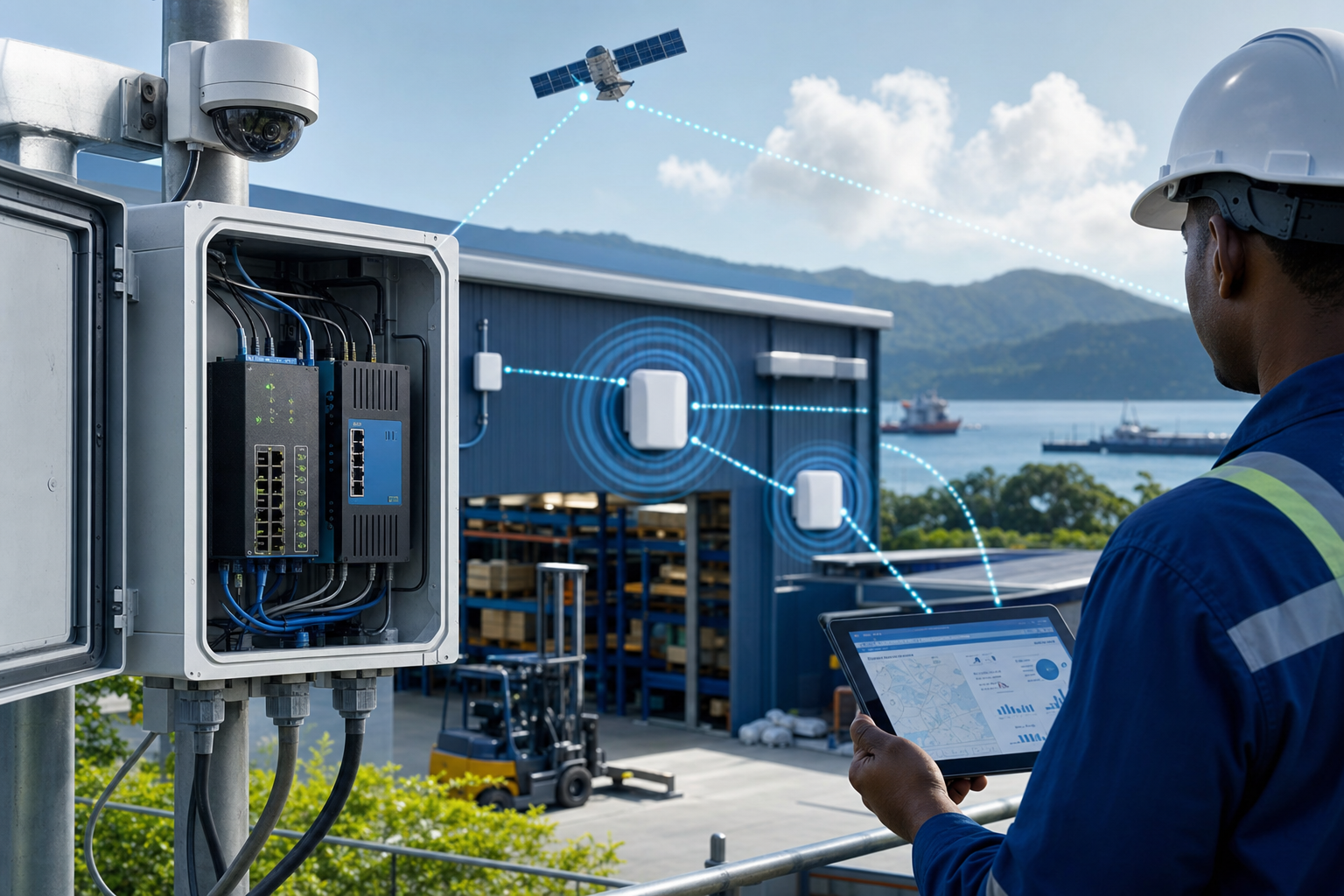 Managed rugged business network cabinet with Wi-Fi, PoE devices, backup connectivity, and monitoring tablet