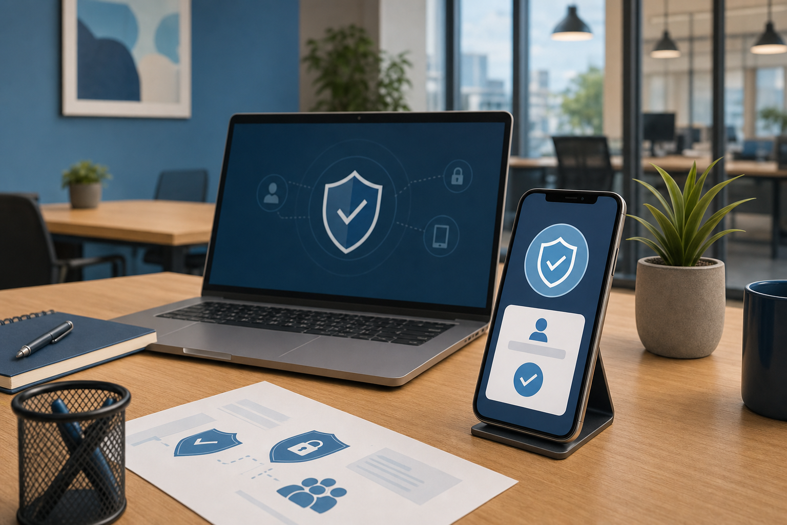 Smartphone with abstract authentication prompt beside an office laptop
