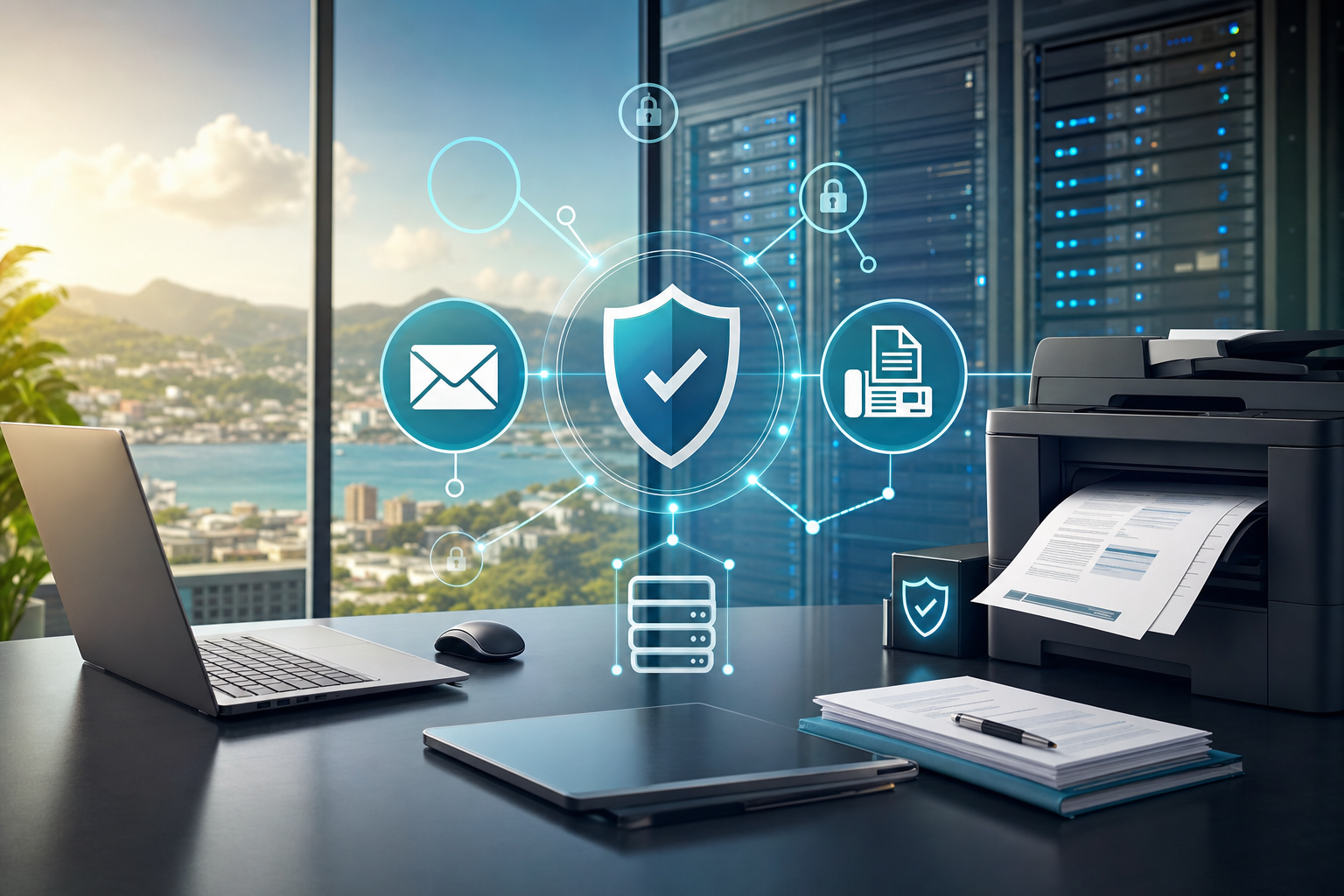 Secure digital document workflow with email fax and network security indicators