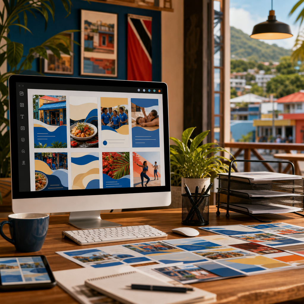 Small business team using organized local marketing templates and brand assets for consistent campaign content