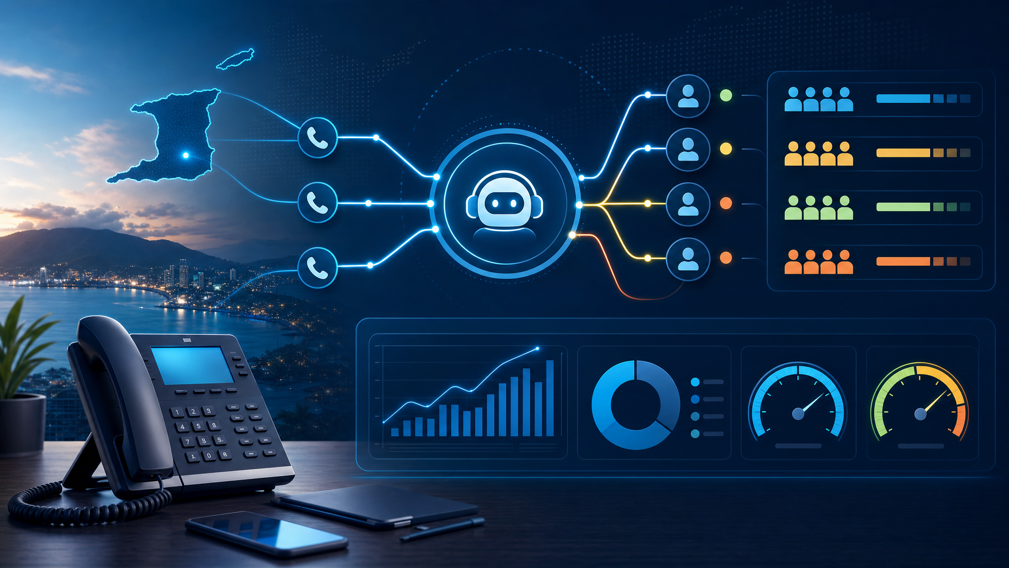 Abstract AI phone system capacity dashboard with call routing, usage gauges, and reliable communications indicators