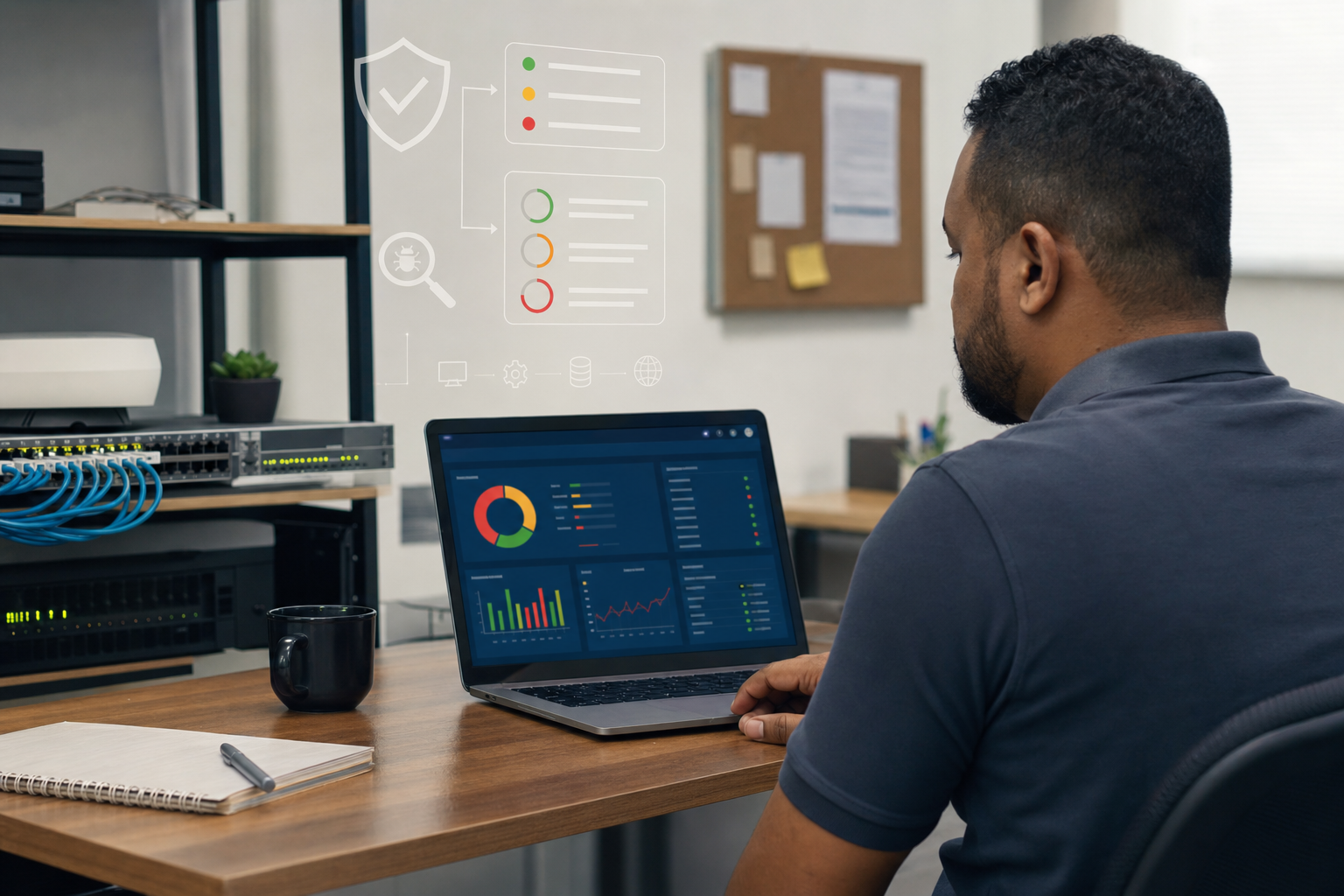 IT technician reviewing vulnerability scanning and patch status dashboard