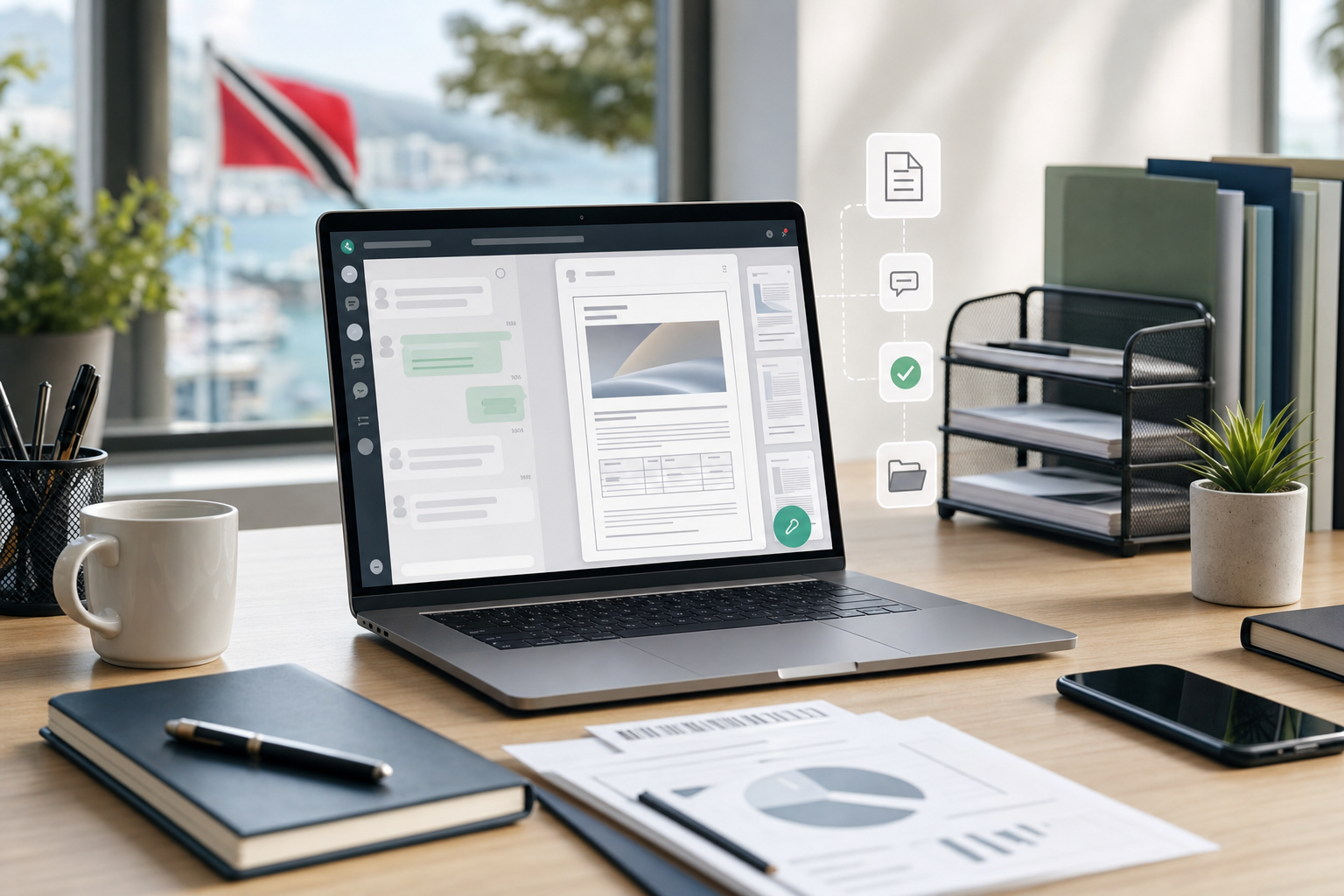 Laptop showing an abstract chat and PDF document workflow in a professional office setting