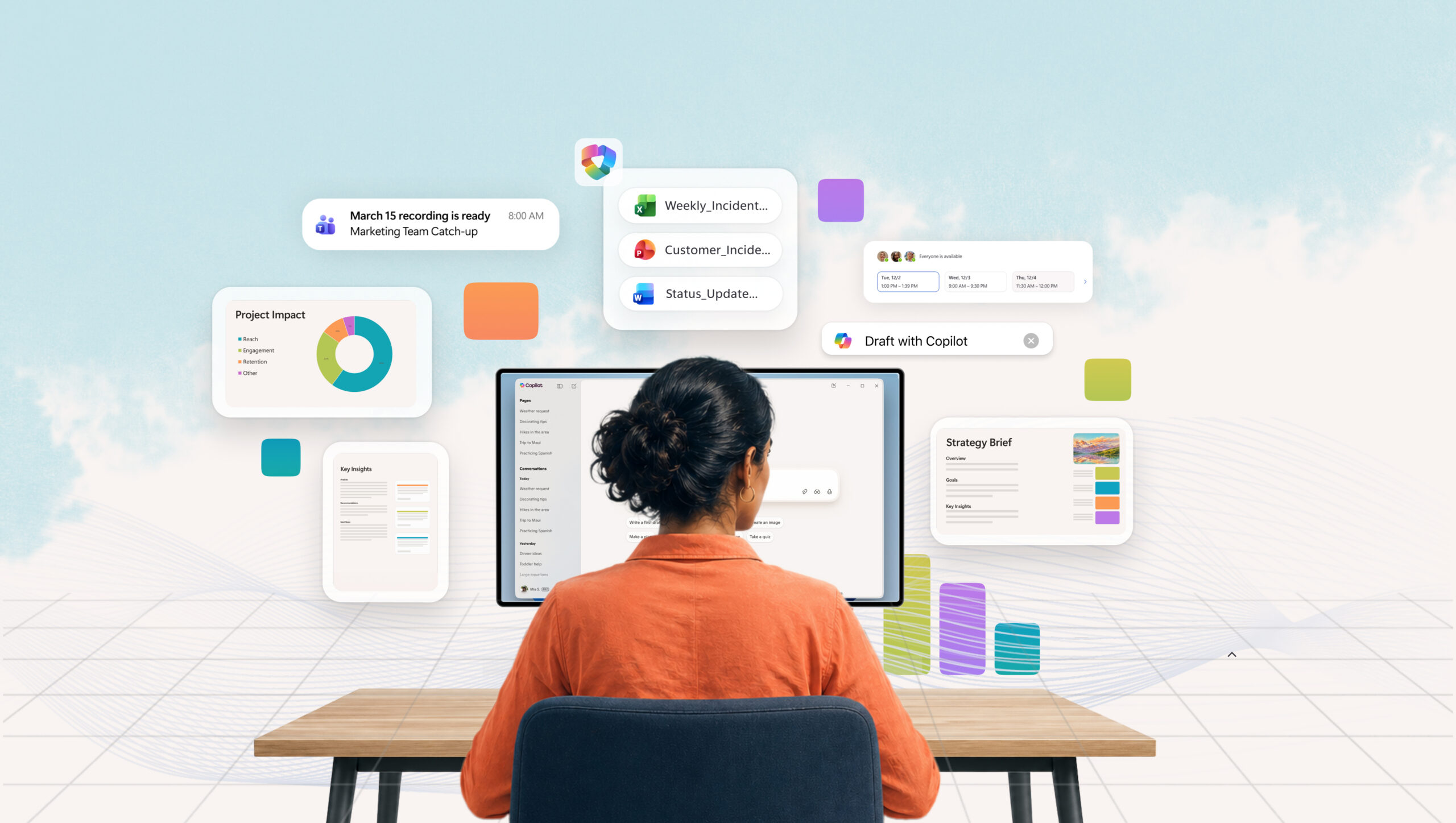 Microsoft 365 Copilot illustration showing AI-assisted drafts, messages, and reports around a worker