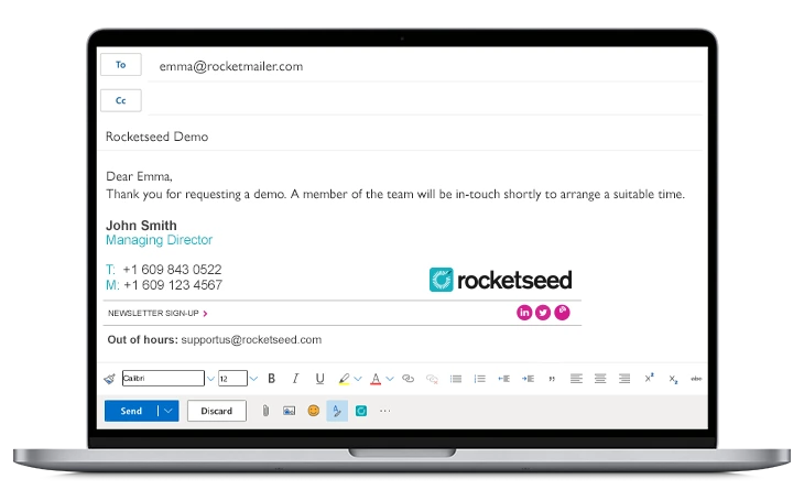 Rocketseed Signature on Compose example showing a managed signature visible in the compose window