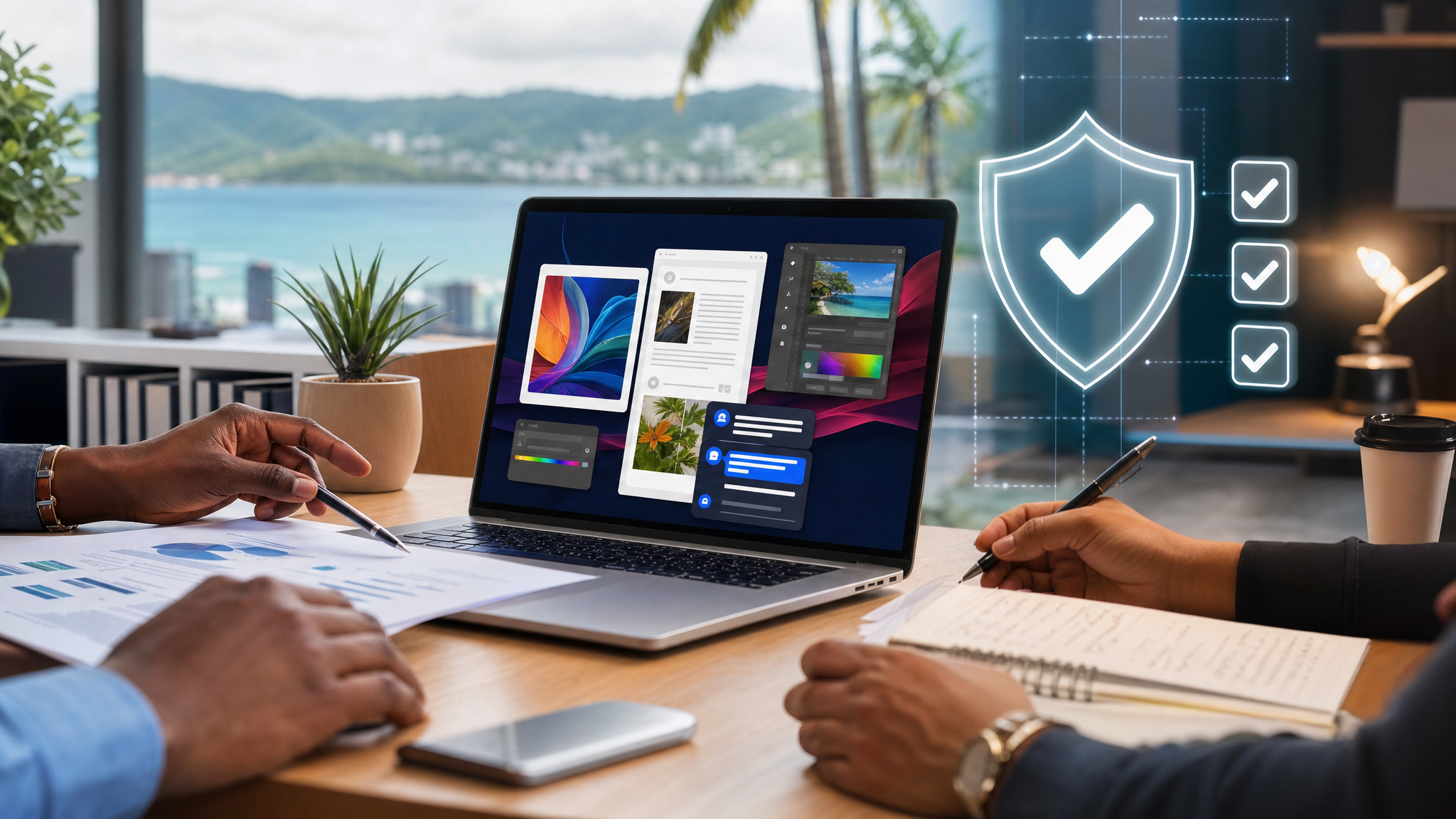 Small business team reviewing Adobe AI document and creative workflows with managed IT security controls