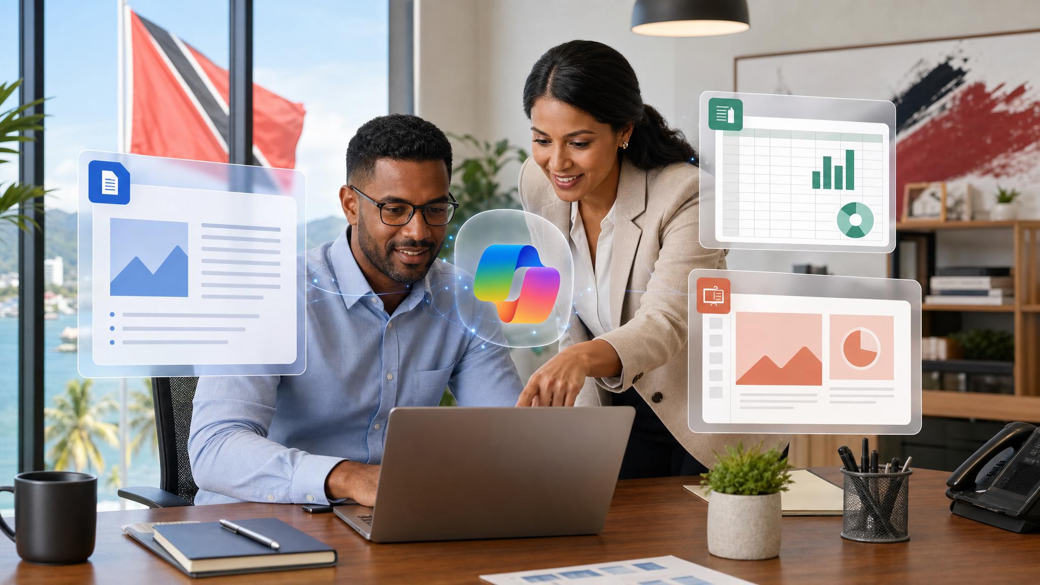 Small business team using AI-assisted Microsoft 365 workflows for documents, spreadsheets, and presentations