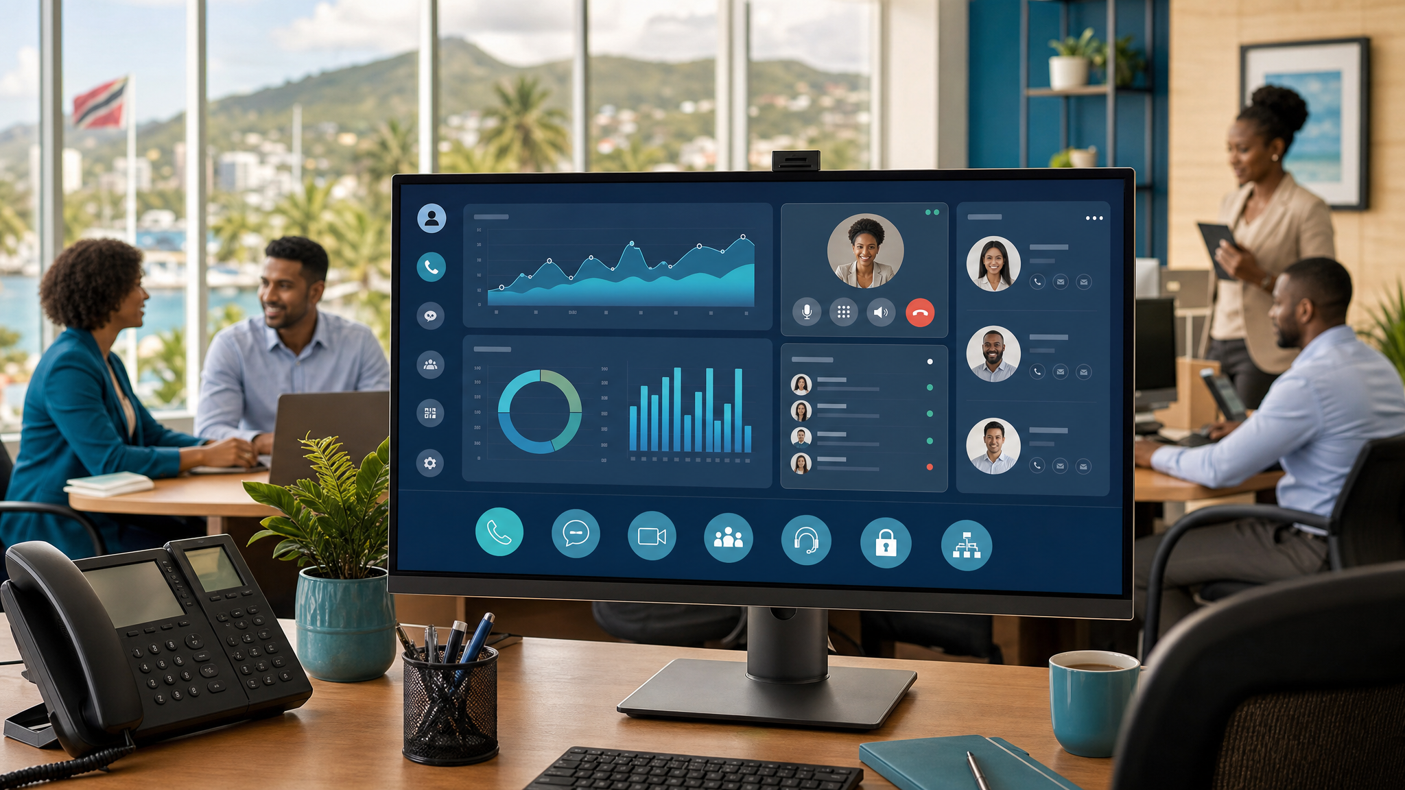 Business communications dashboard showing call analytics, secure phone controls, and CRM contact views in a Trinidad and Tobago office