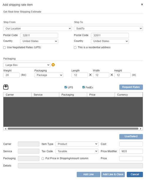 QuoteWerks real-time shipping rate window