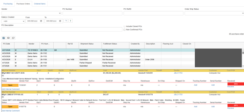 QuoteWerks purchase order tracking screen