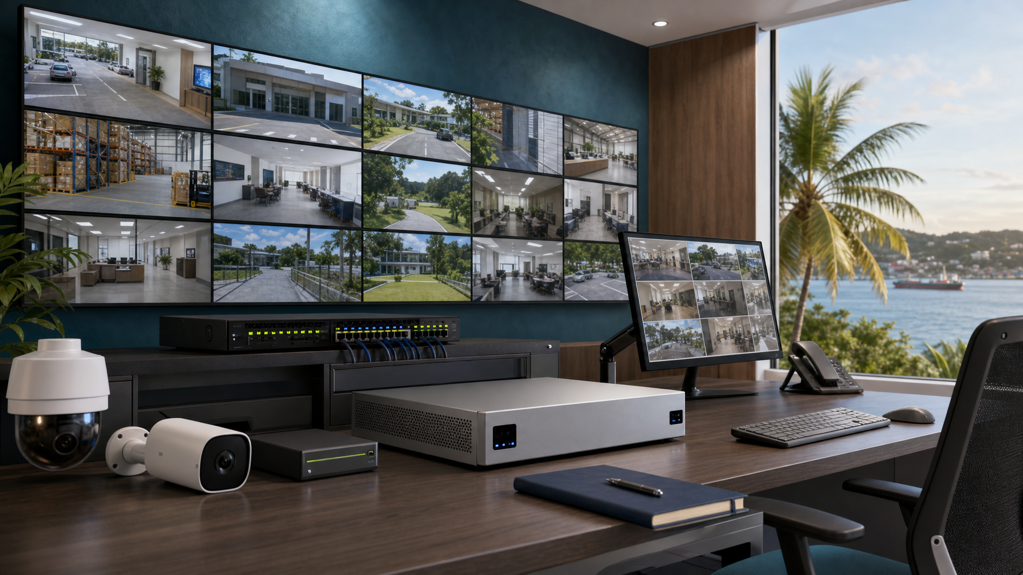 Custom generated illustration of a managed business security operations desk with camera video walls and network equipment