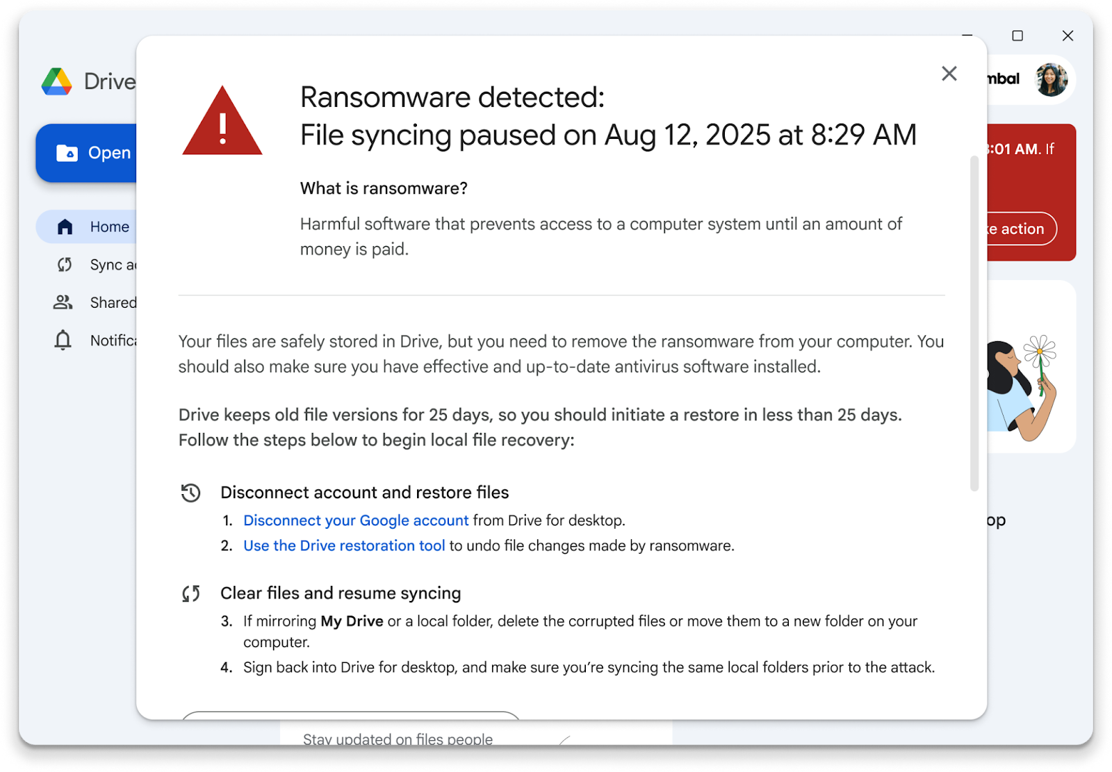 Google Drive for desktop ransomware detection notification pausing file sync