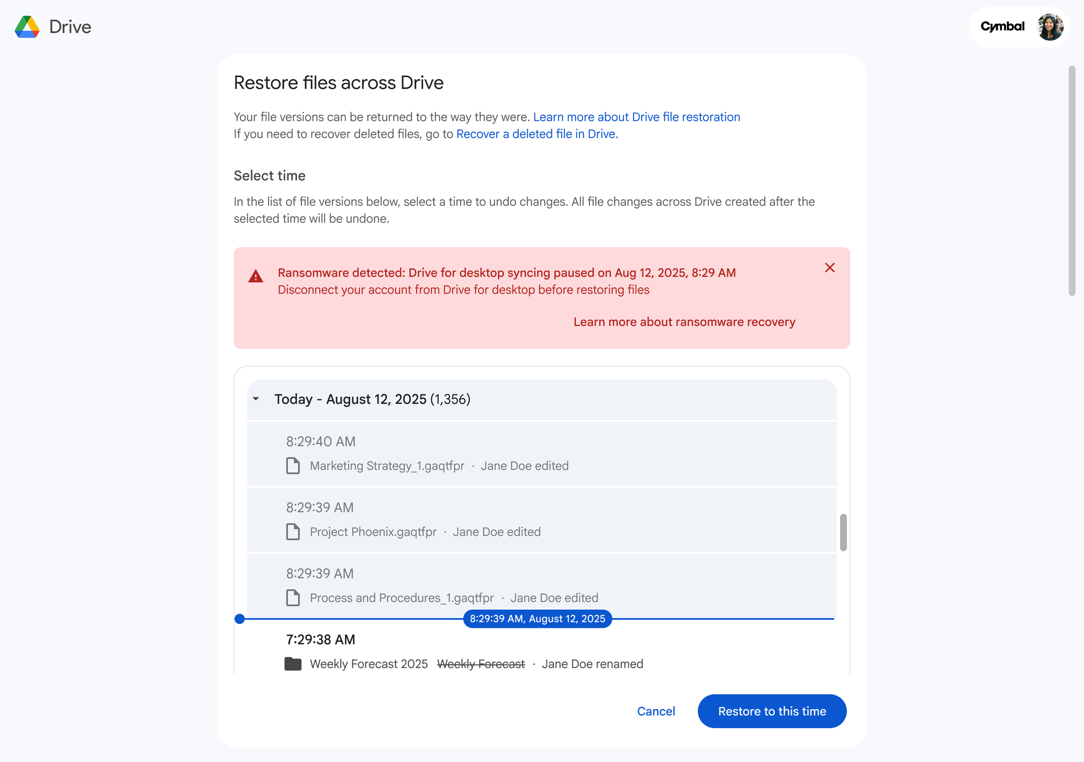 Google Drive interface for restoring files to a previous healthy state