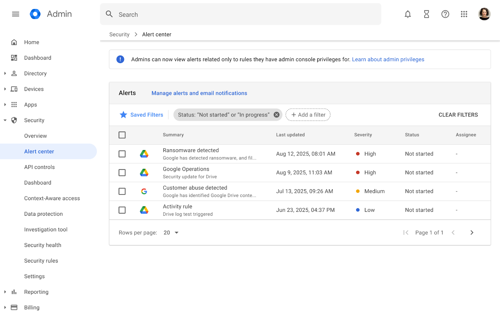 Google Workspace Admin console ransomware detection alert