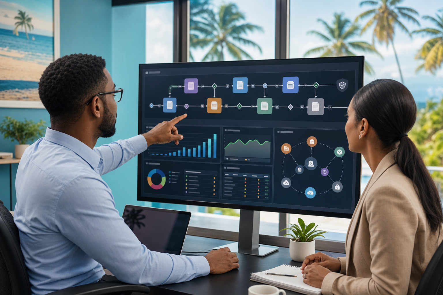 Small business team reviewing governed Microsoft 365 AI workflow automation on an operations dashboard
