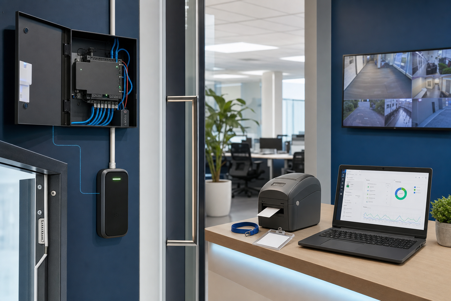 Custom generated image of a managed business access control retrofit with door reader, controller cabinet, visitor badge printer, and dashboard
