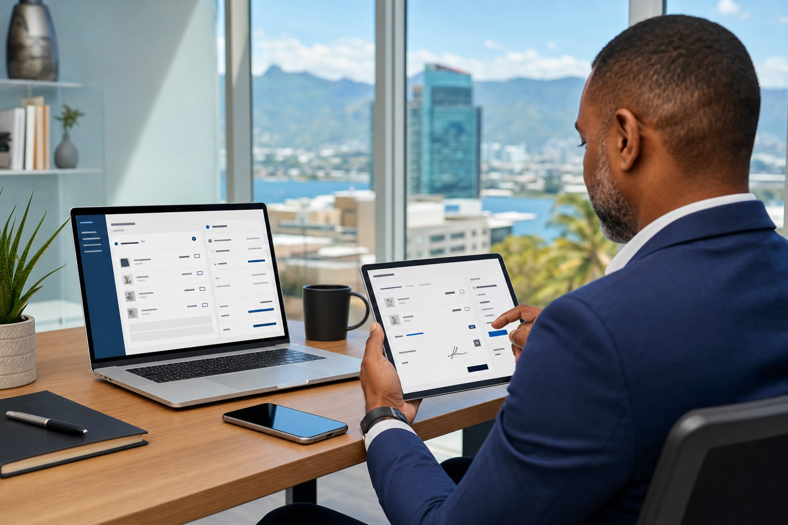 Business manager reviewing an online sales quote approval interface on laptop and tablet