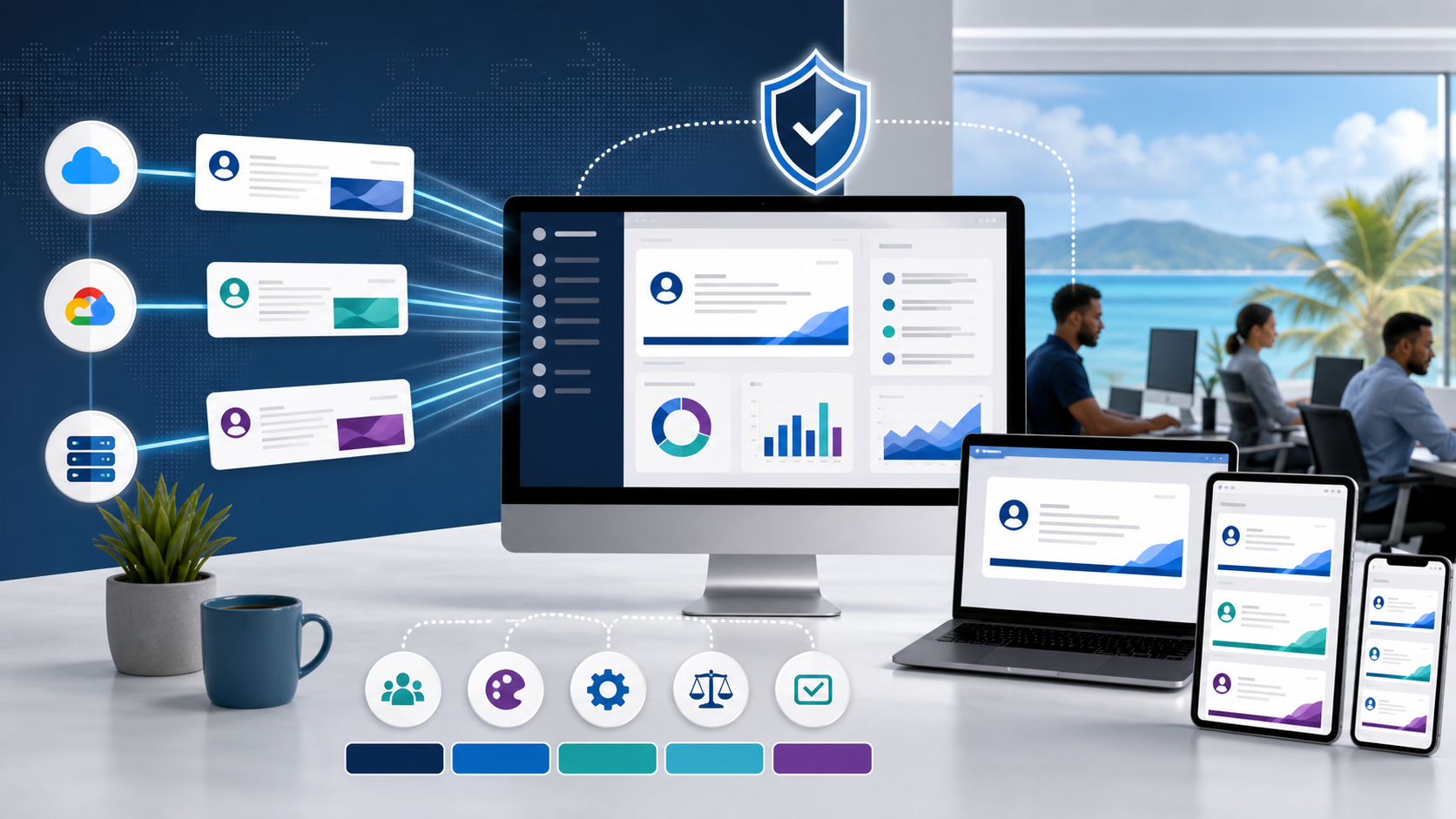Abstract managed email signature platform with central dashboard, analytics, compliance controls, and connected business devices