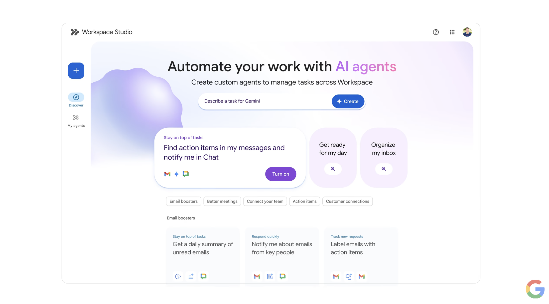 Workspace Studio can generate an agent from a natural-language request to identify important emails