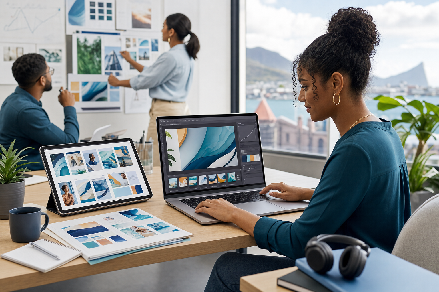 Small business marketing workspace with AI campaign assets, content calendar, and approval workflow panels