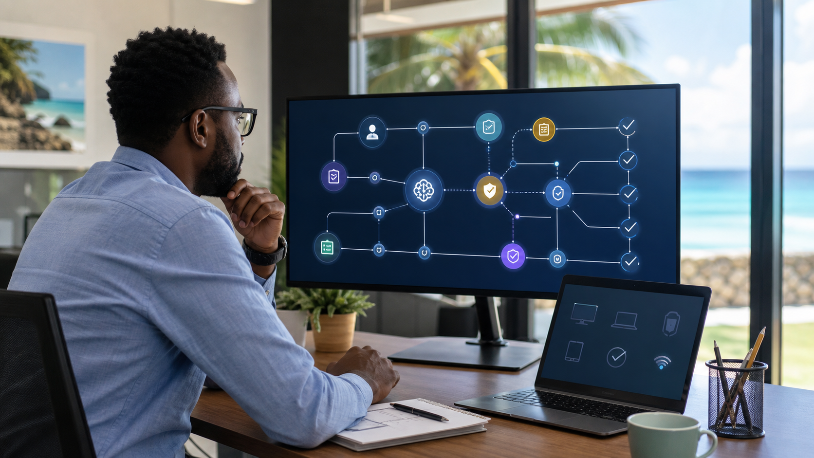 IT manager reviewing AI agent inventory, permissions, and workflow controls in a modern SMB office without logos or readable text