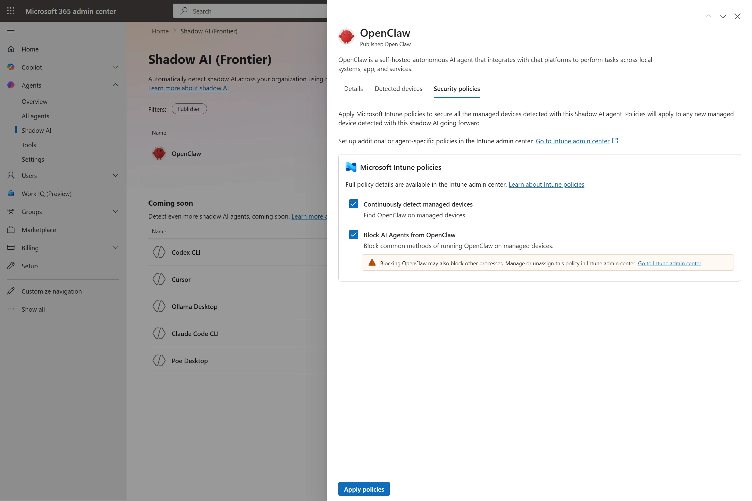 Microsoft 365 admin center Shadow AI page showing an unmanaged AI agent with Intune policy controls