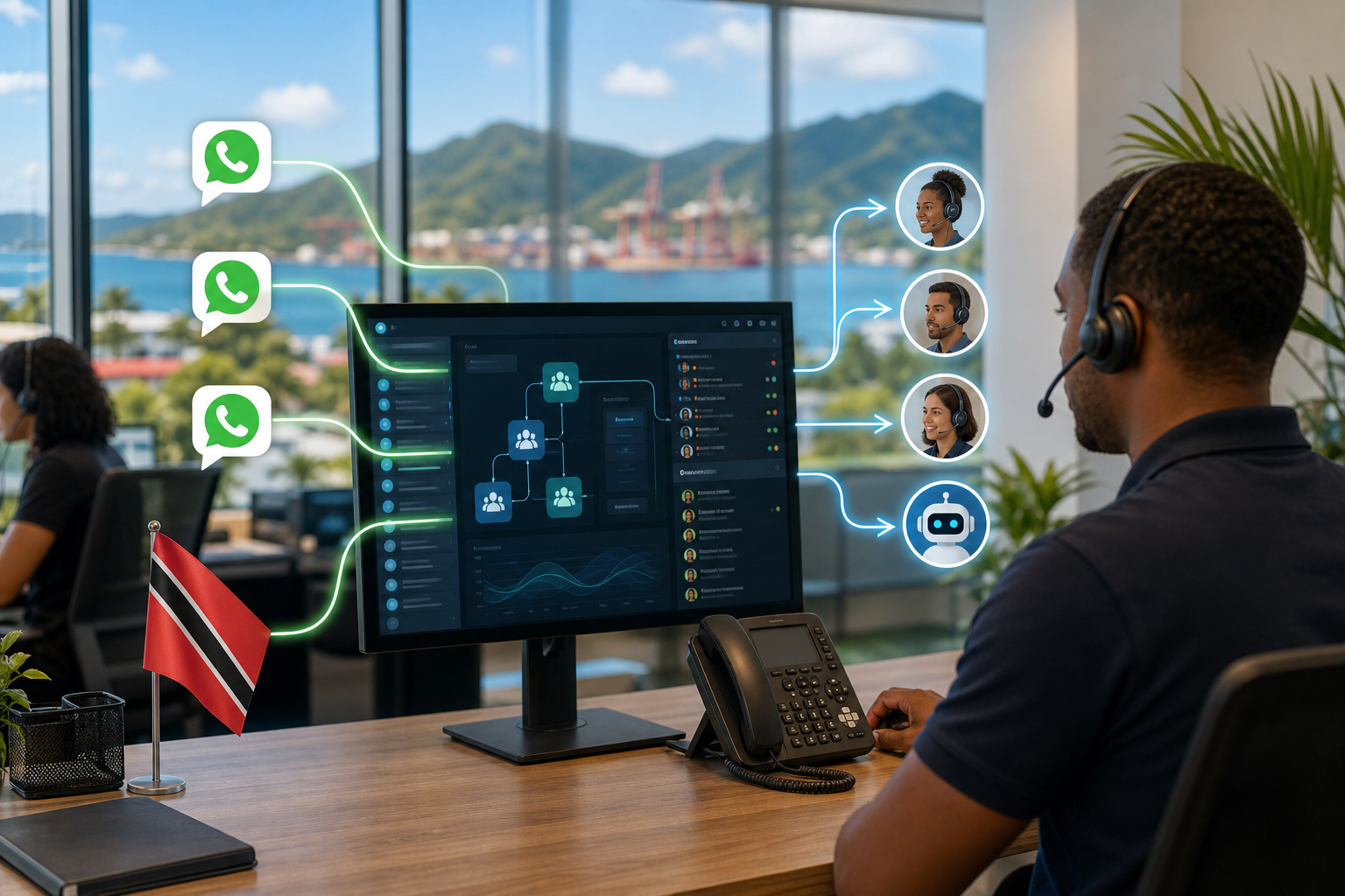 Business WhatsApp calls flowing into a managed VoIP phone system with queues and support agents
