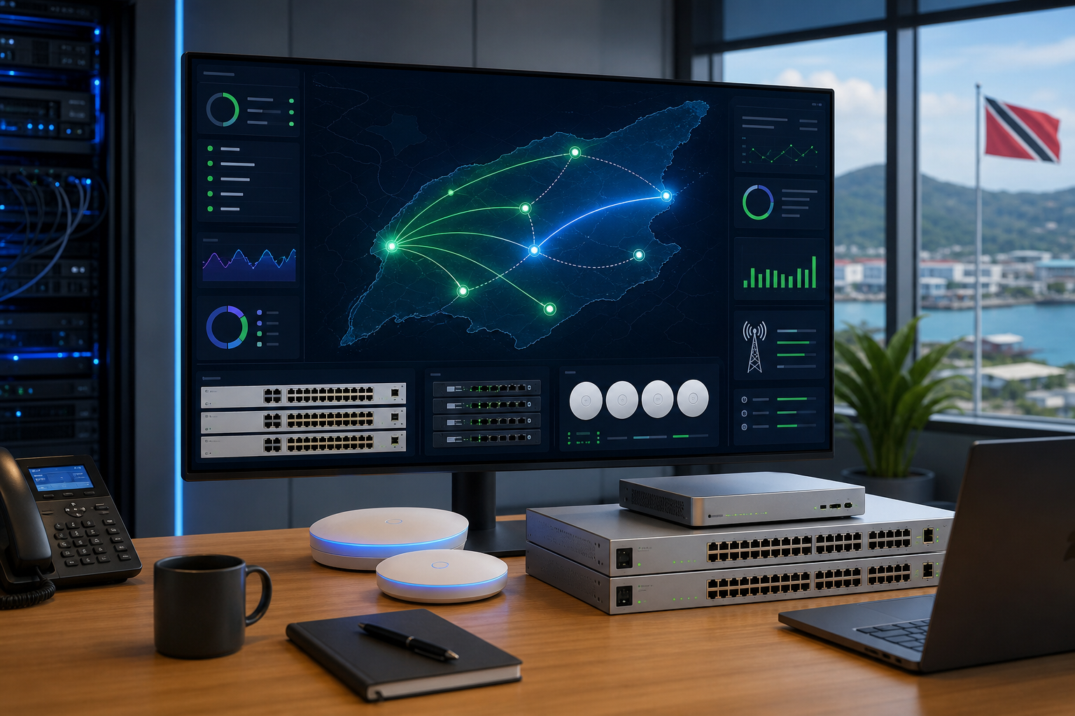 Custom generated image of a managed UniFi-style business network dashboard with routing paths, branch health, switches, access points, and cellular failover telemetry