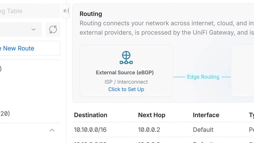 UniFi Network 10.4 routing table and eBGP interface
