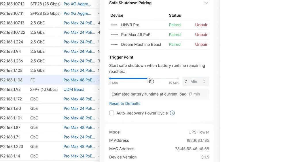 UniFi UPS safe shutdown threshold settings