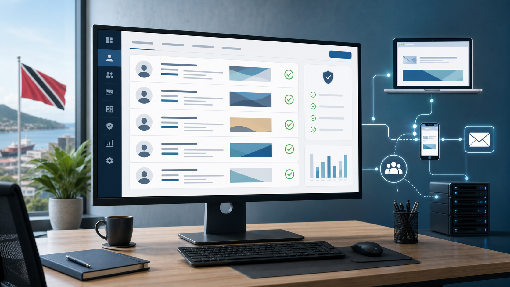 Abstract managed email signature standards dashboard with compliance controls, campaign banner placeholders, and connected business devices
