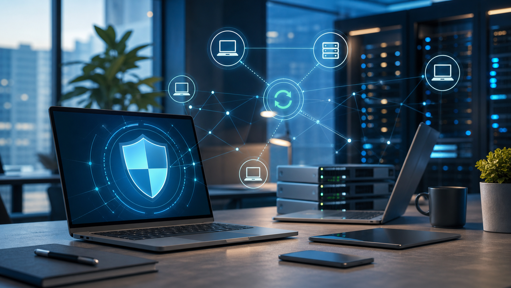 Business endpoint security dashboard with protected laptops, servers, and update indicators