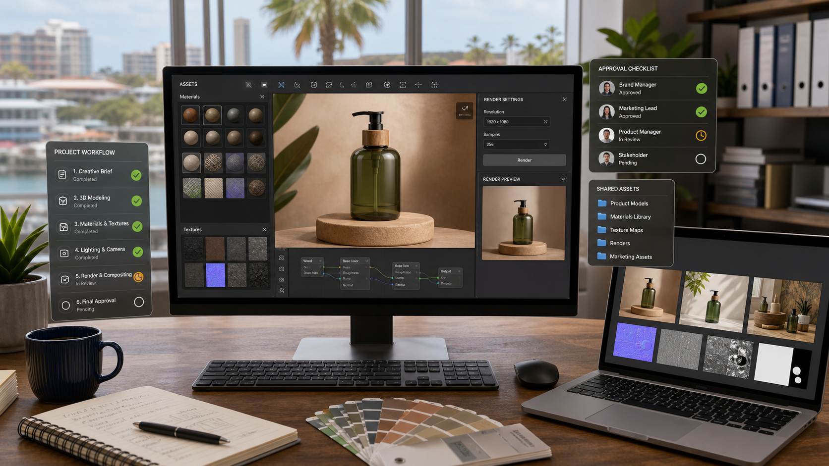 Managed Adobe Substance 3D product visual workflow with 3D mockup, materials, approvals, and shared asset controls