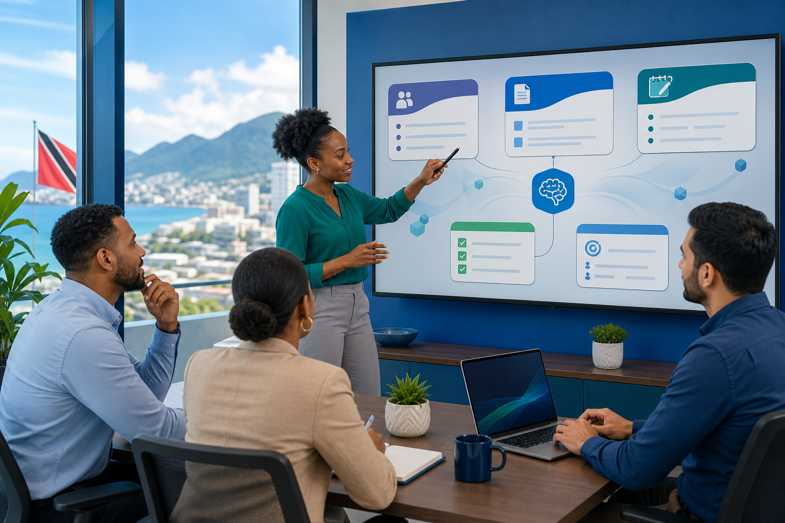 Small business team using AI workflow cards for Microsoft 365-style collaboration, tasks, documents, and meeting follow-ups