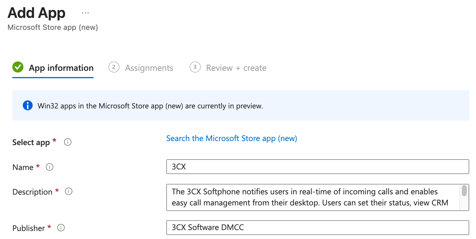3CX Windows Softphone being added through Microsoft Intune app deployment