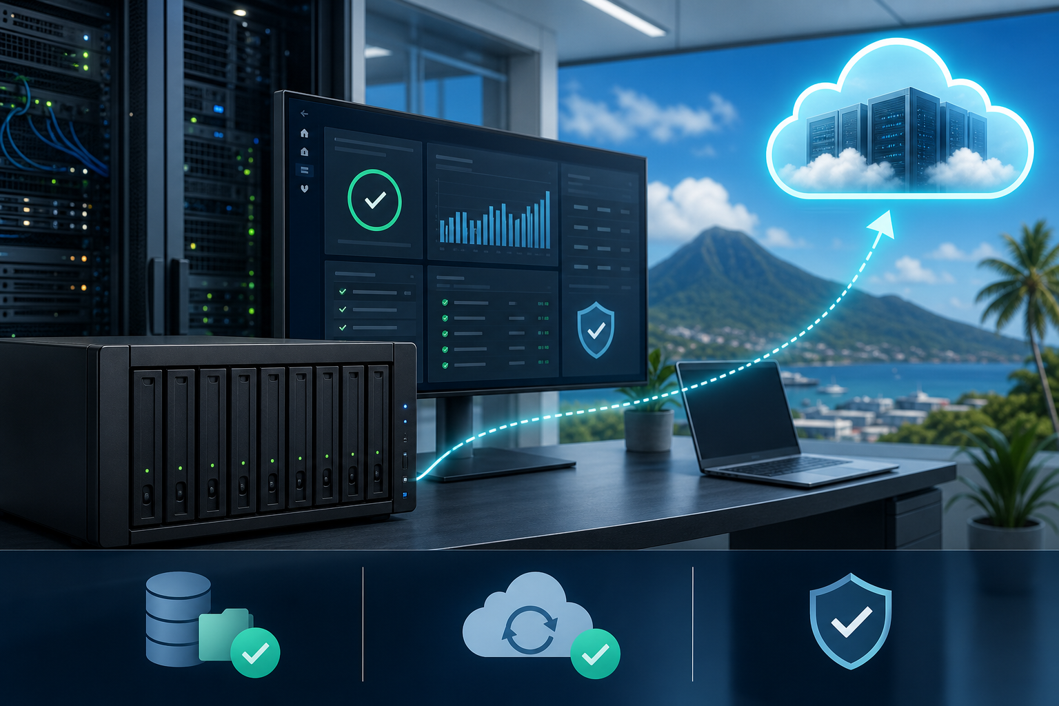 Managed backup and disaster recovery dashboard with offsite protection and recovery testing checklist