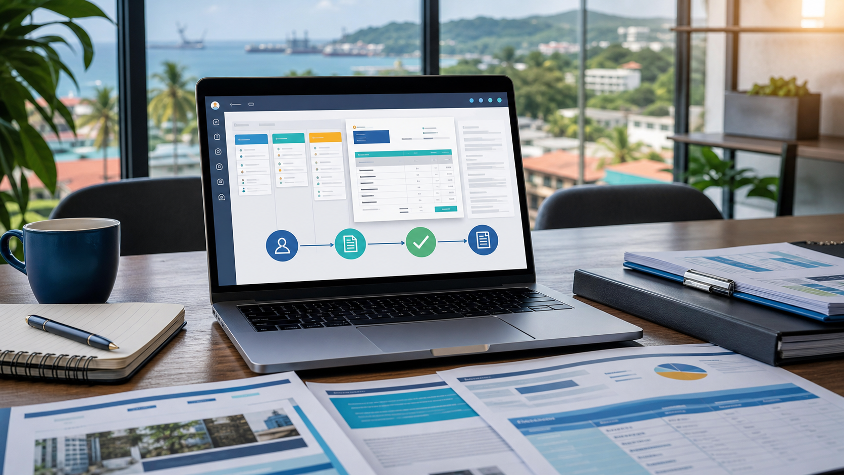 CRM-connected sales quoting workflow on a laptop in a Caribbean business office