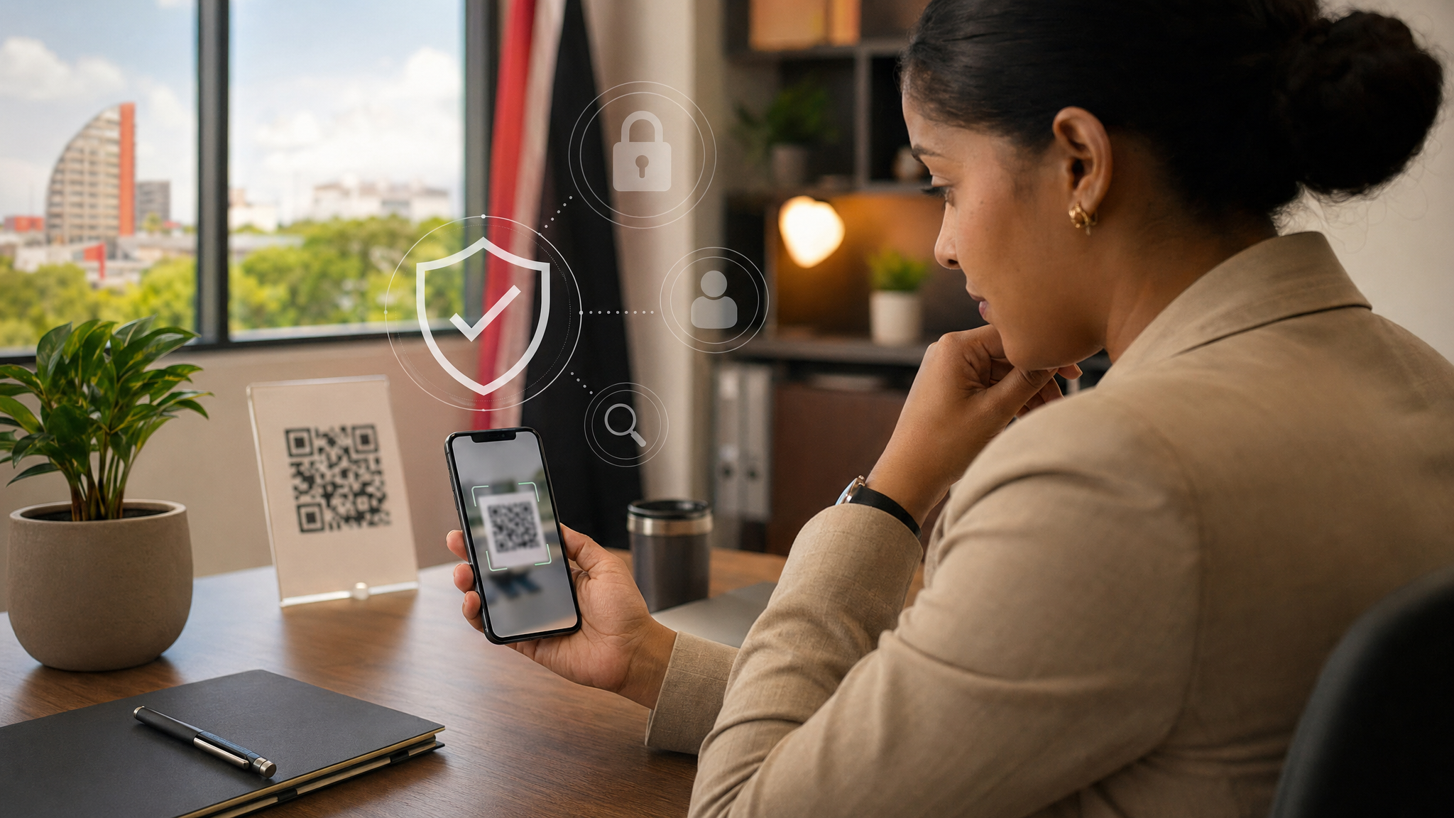 Office worker pausing before scanning a QR code with a smartphone beside a laptop